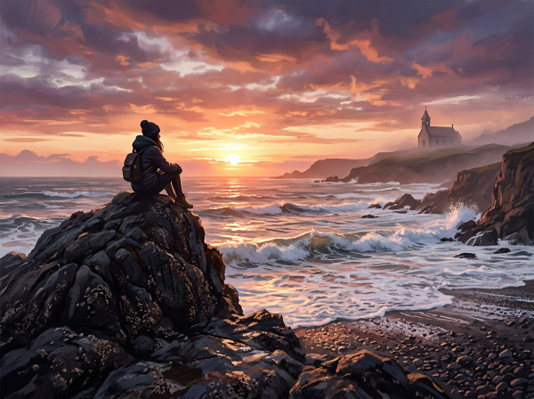 Person sitting on rocks by the ocean at sunset with a church on a distant hill