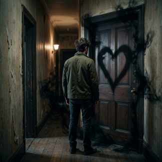 Man standing in hallway facing wooden door with dark heart-shaped shadow