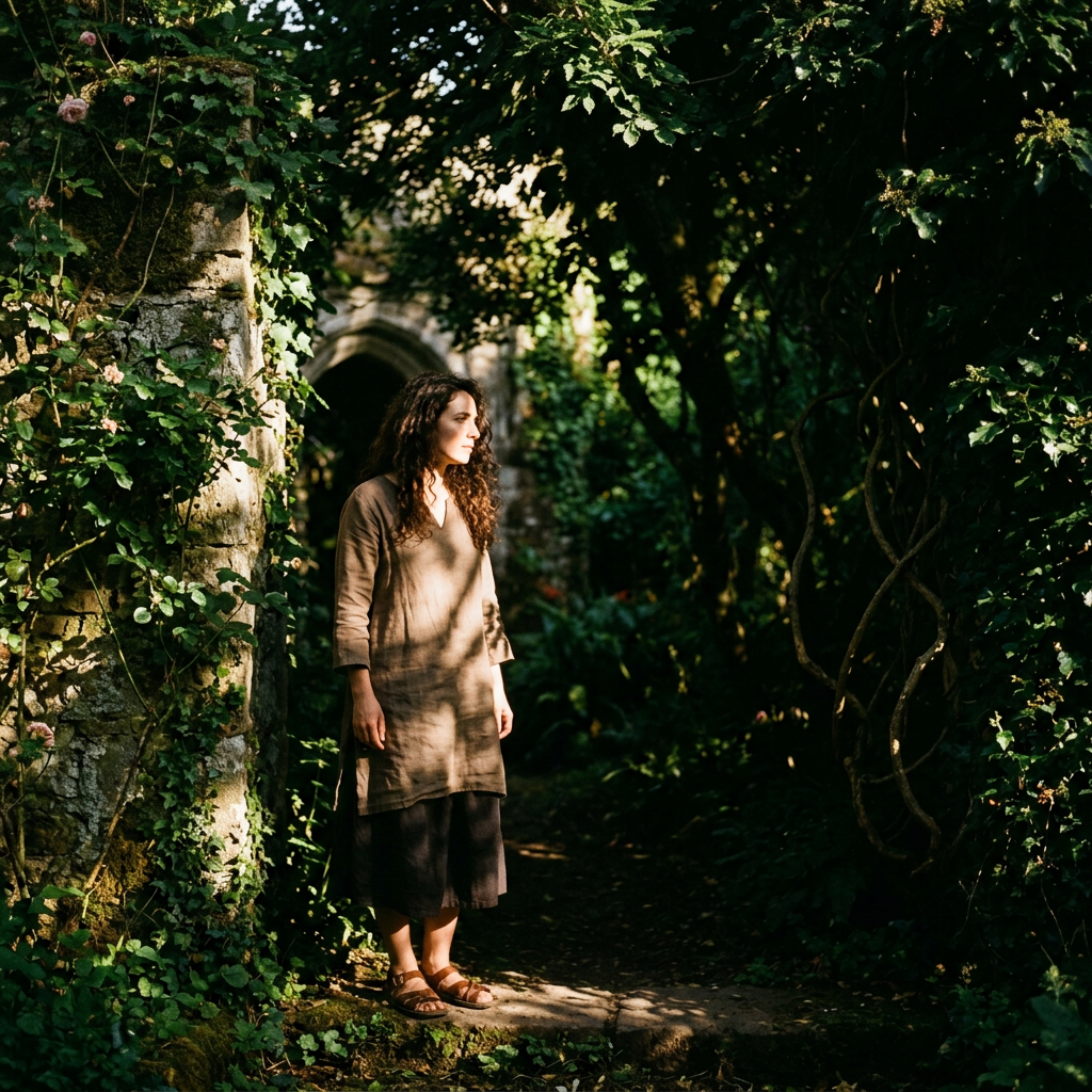 Woman standing near stone archway in a lush green garden with sunlight