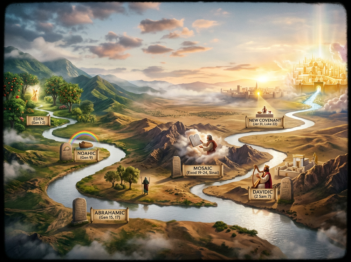 Illustration of key biblical covenants along a river path from Eden to a glowing city representing the New Covenant.