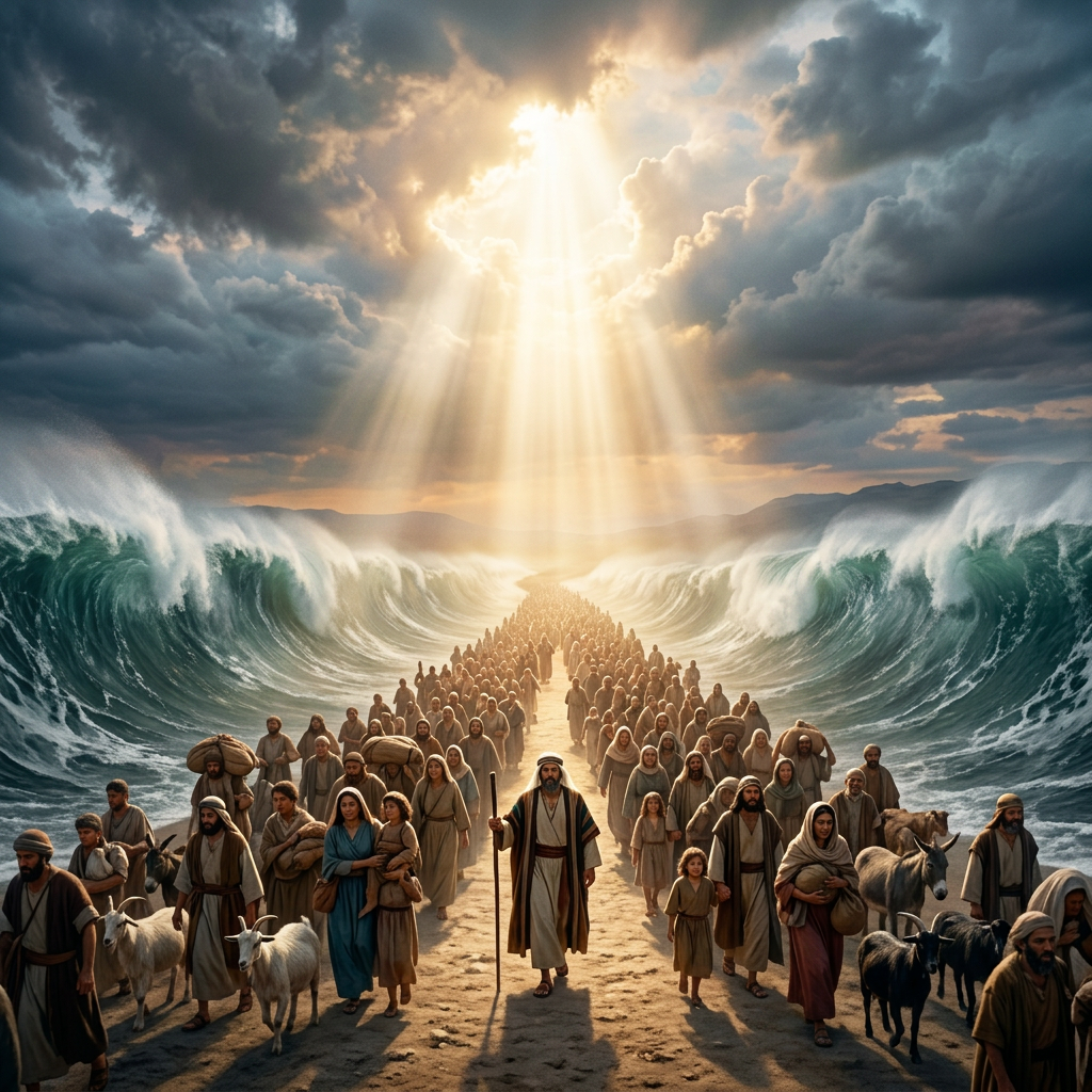 People and animals walking on dry land between parted waves of the Red Sea under rays of light