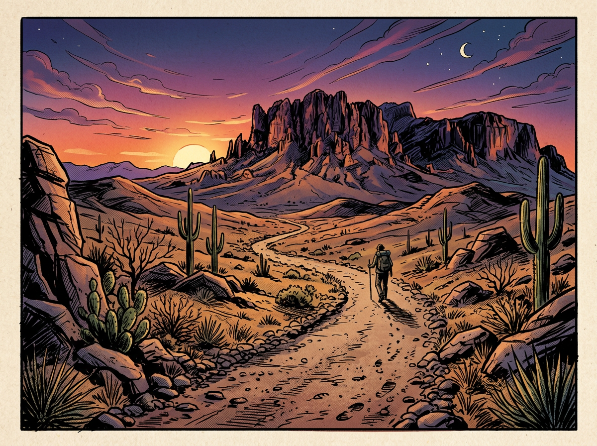 Hiker walking on a desert trail with cacti and rocky mountains at sunset.