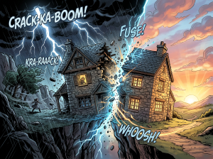 Two stone houses split by lightning, storm on left, calm sunrise on right